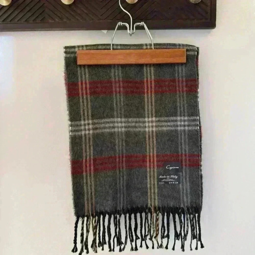 Cejon Scarf Made In Italy Grey, Tan & Red Plaid Buttery Soft 11x56‎